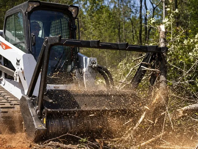 Skid steer with forestry mulcher clearing dense trees and brush