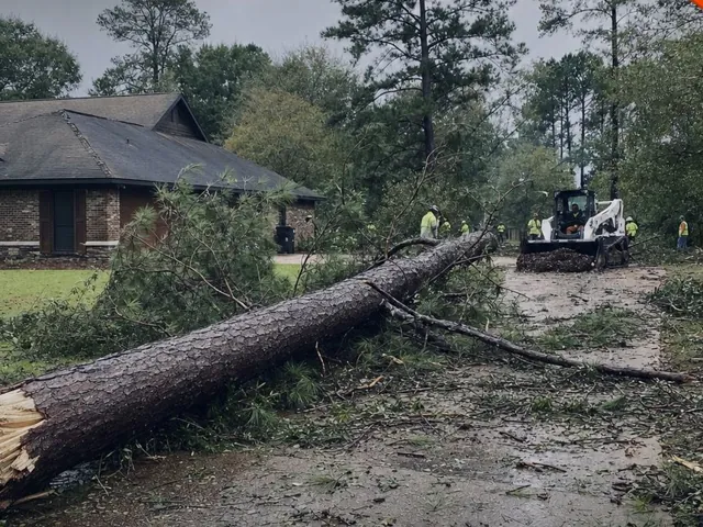 Crew removing a large fallen tree and storm debris from a residential driveway