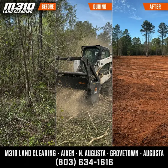 Before, during, and after of a wooded lot cleared to bare red clay