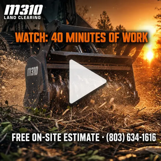 Forestry mulcher in action clearing land at sunset